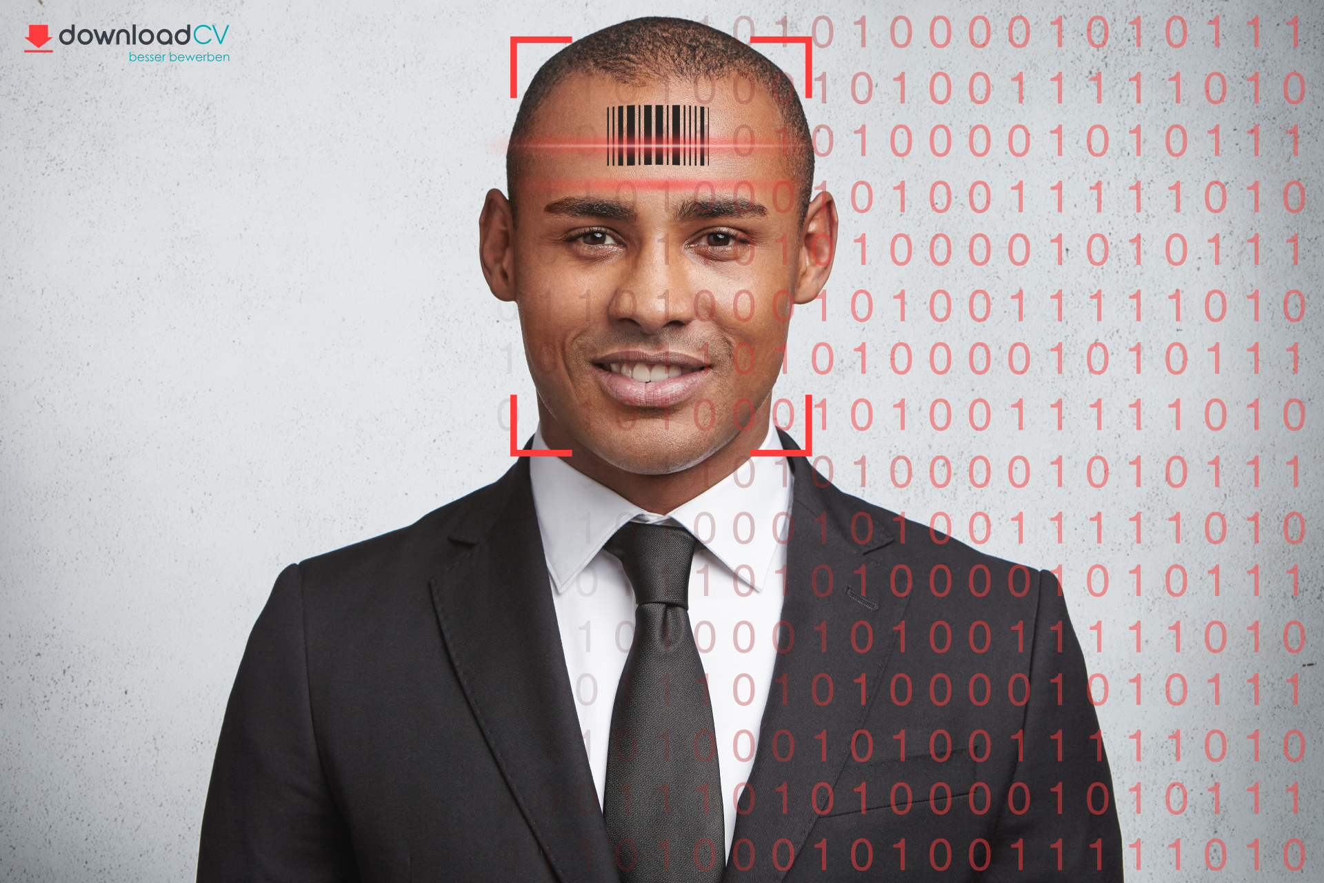 Porträt eines ausdrucksstarken jungen Mannes im formellen Anzug. Das Bild ist eine Fotomontage und zeigt den jungen Mann mit einem aufgesetzten Barcode auf der Stirn.